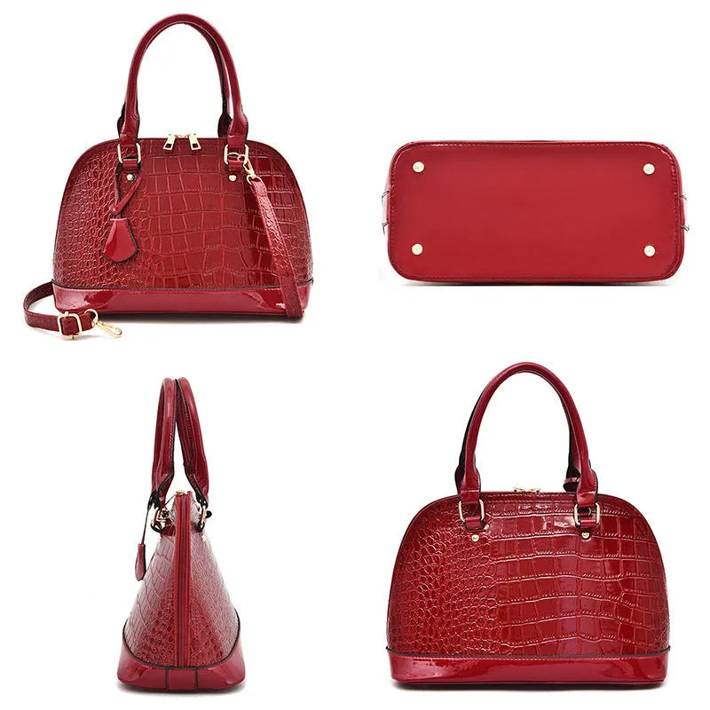 Shiny PU leather crossbody shoulder bag with shell-shaped design in black, red, or brown