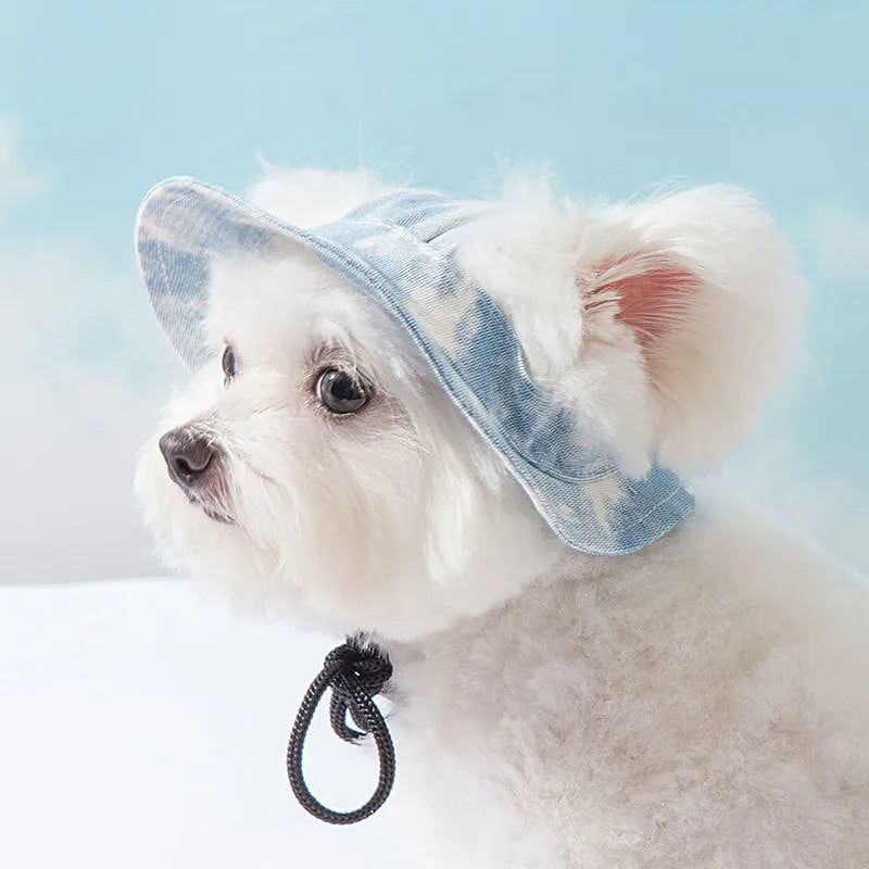 Pet hat with ear holes in blue for small dogs, with adjustable chain rope and tie-dye pattern