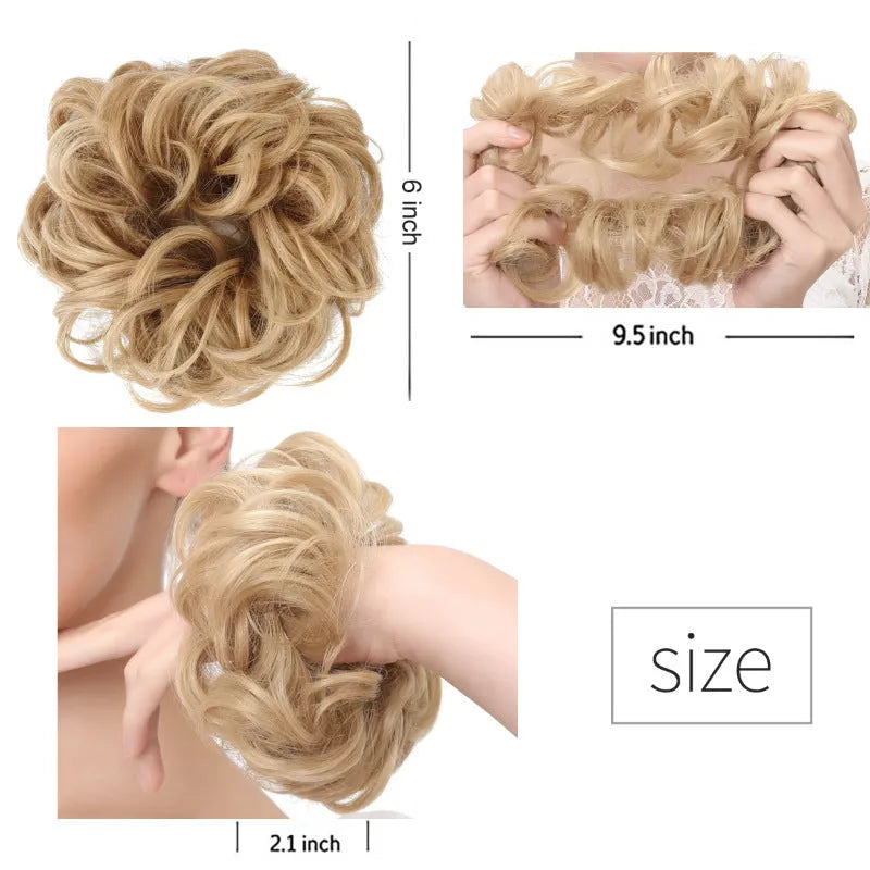 Wig hair circle synthetic hair band with adjustable elastic, heat resistant, in Jet Black or Auburn, for buns and ponytails.