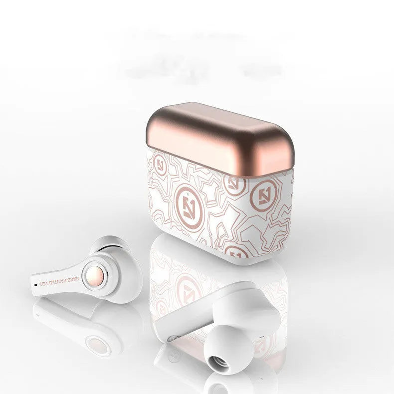 TS-100 TWS wireless headphones in black and white with charging case