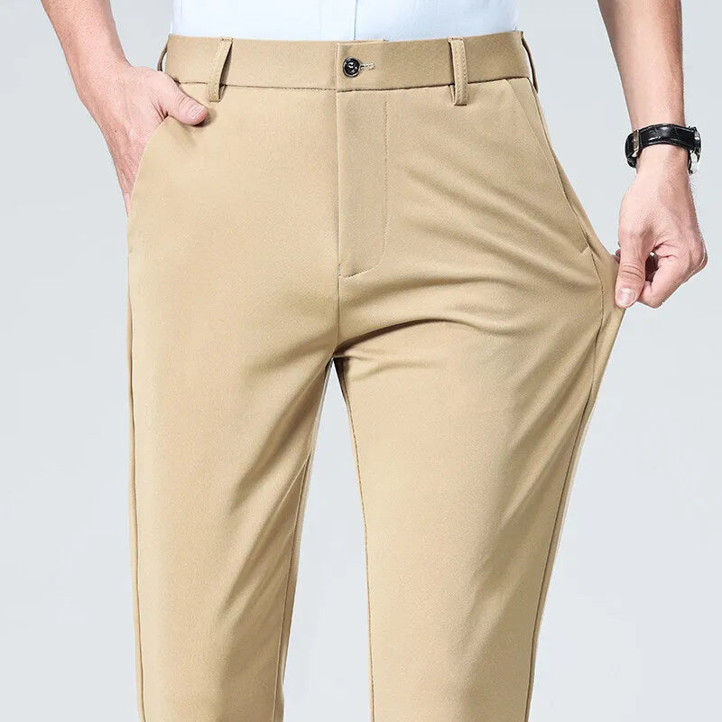 Men's loose fit casual business trousers in black, high elasticity polyester, side view