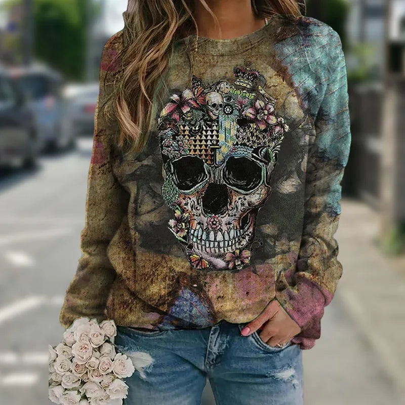 Black long sleeve sweatshirt featuring a skull graphic print on the front.