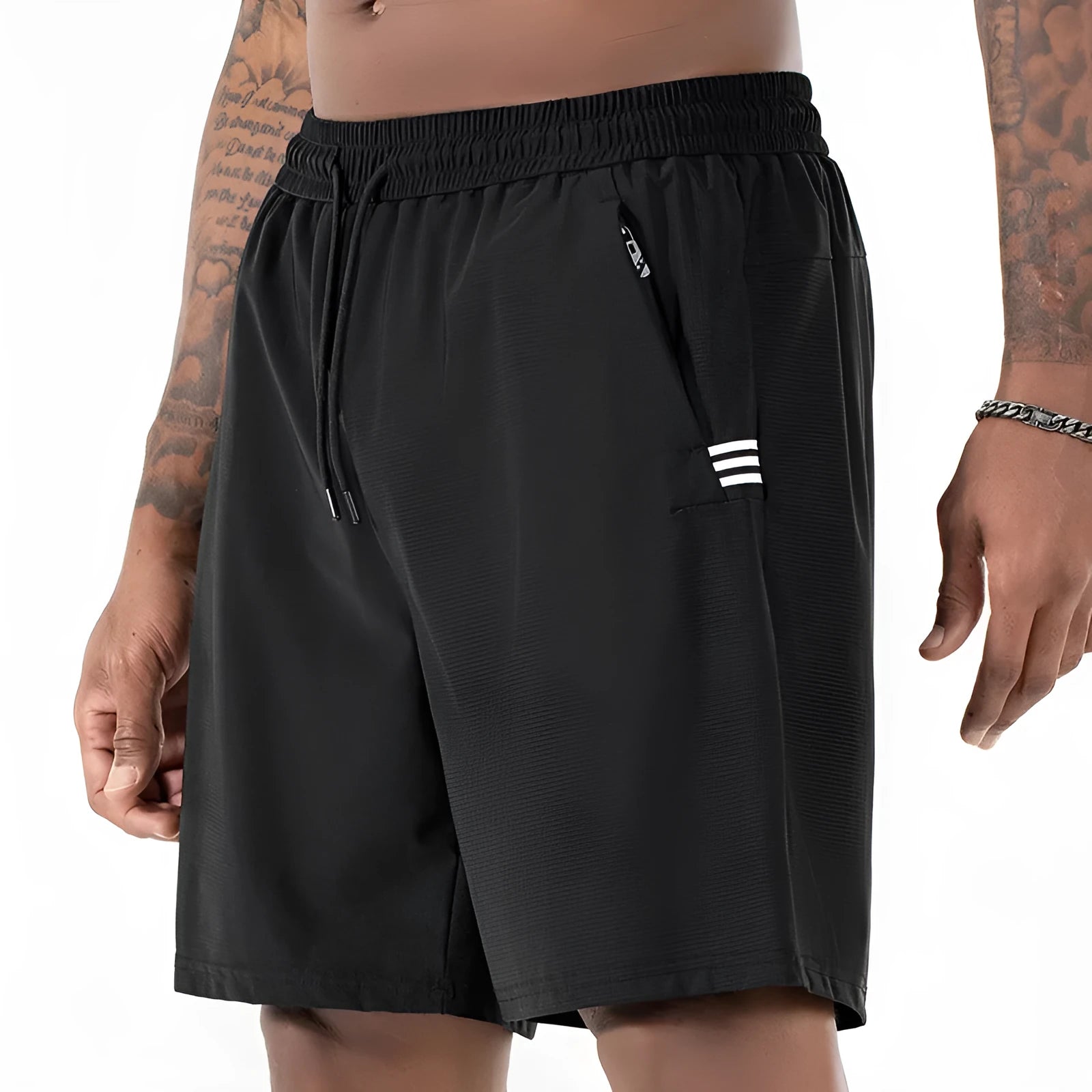 Men's black ice silk nylon sports shorts with high waist and cropped length