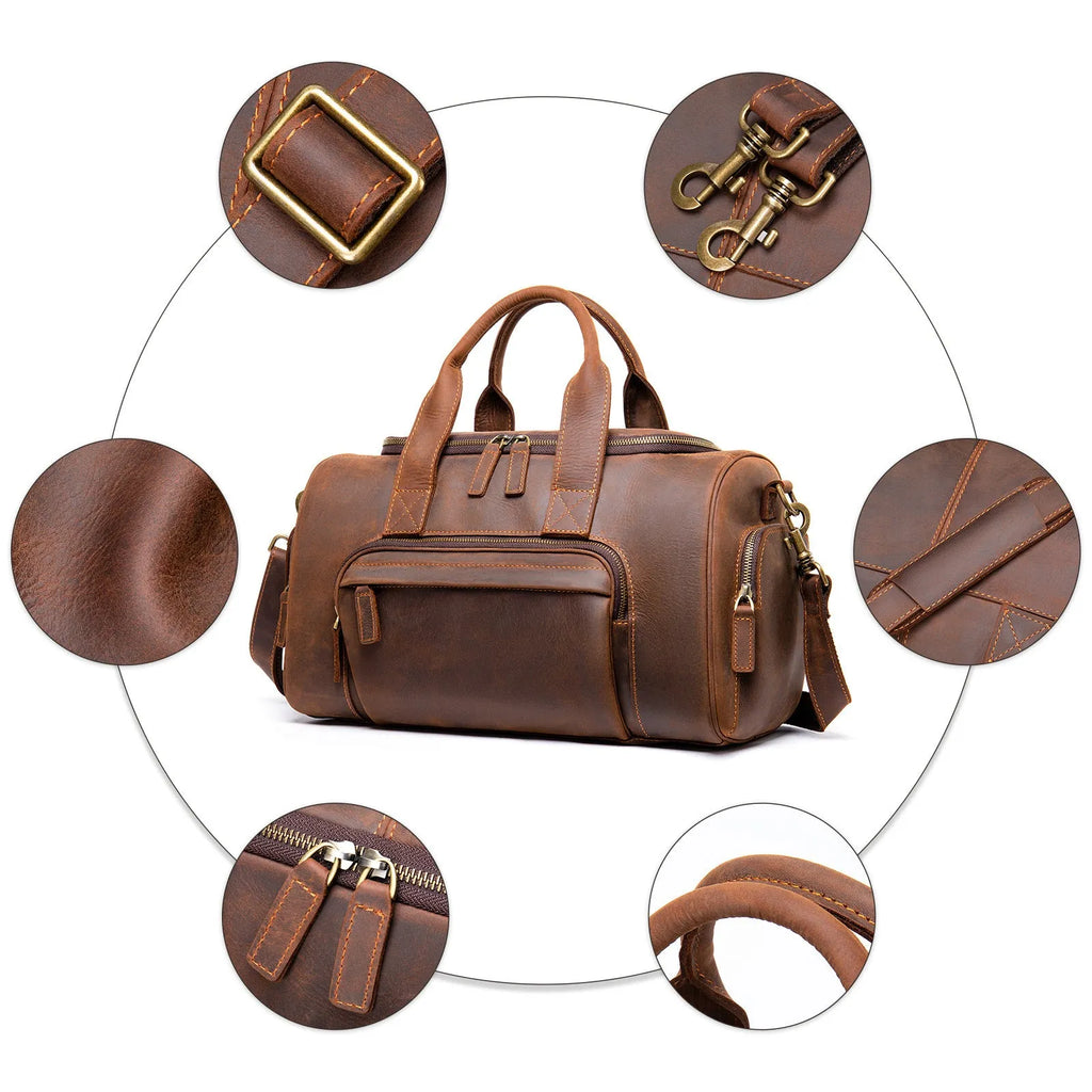 Handmade retro leather holdall 41x19.5x24cm in coffee with soft shoulder strap and multiple zip pockets
