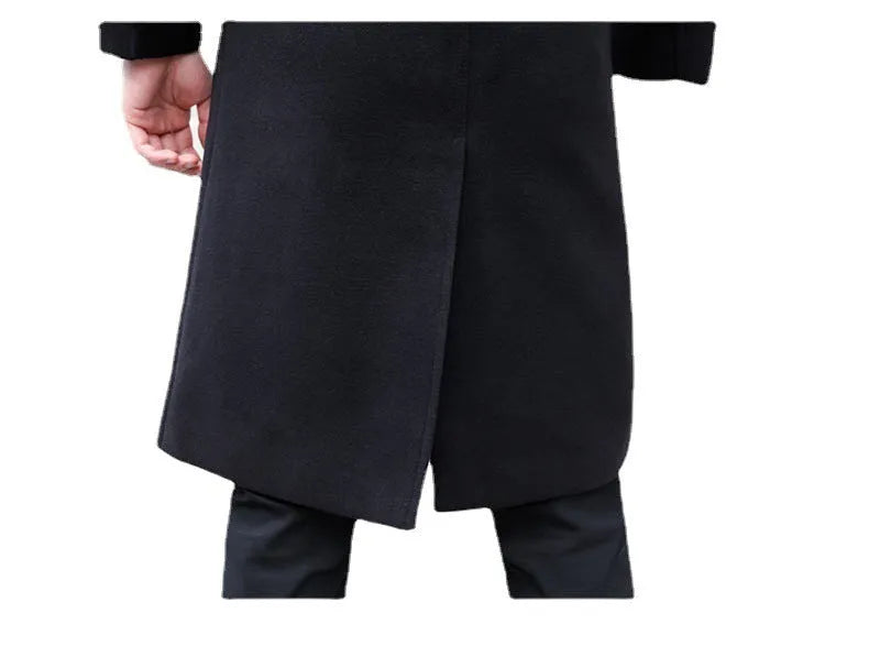 Men's slim fit black wool coat, medium 65cm length, pleated patch pocket, sizes M to 4XL