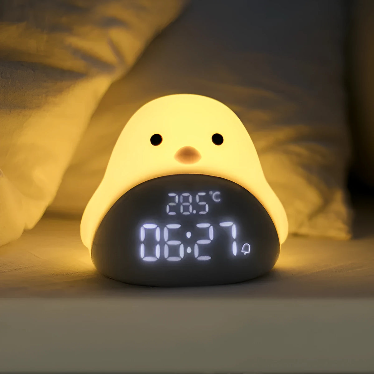 Time Bird yellow cartoon electronic smart clock with LED display, night light, alarm, and calendar for bedroom or office use