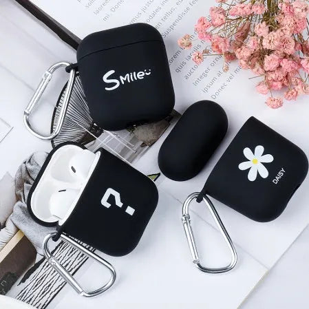 Black and Pink AirPods case covers with Flower, Love, and Smiley face emoji designs.