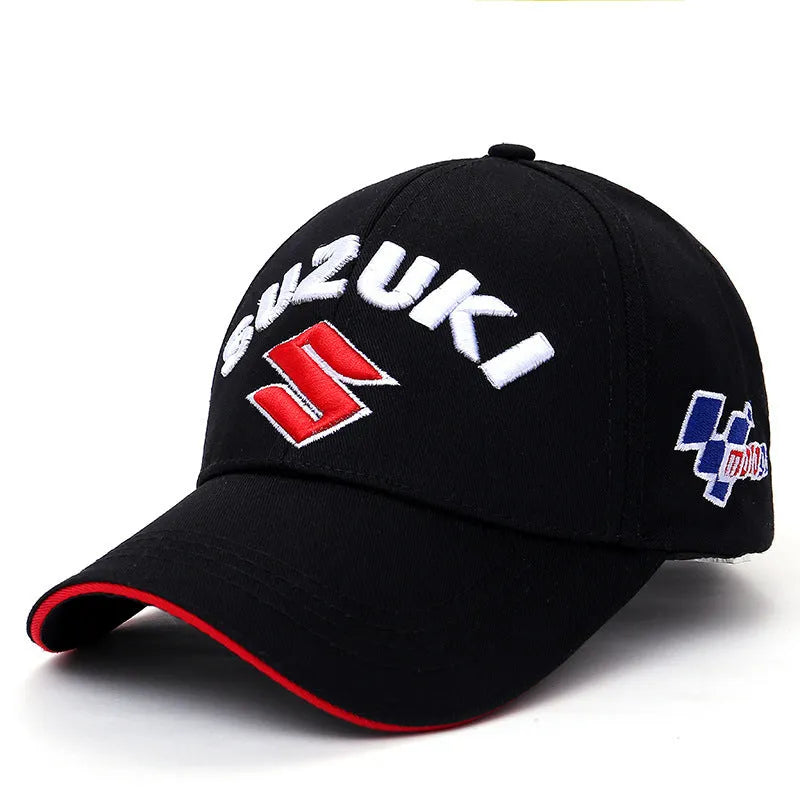 Embroidered cotton motorcycle baseball cap in black, front view, showing embroidered motif on crown