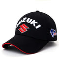 Embroidered cotton motorcycle baseball cap in black, front view, showing embroidered motif on crown