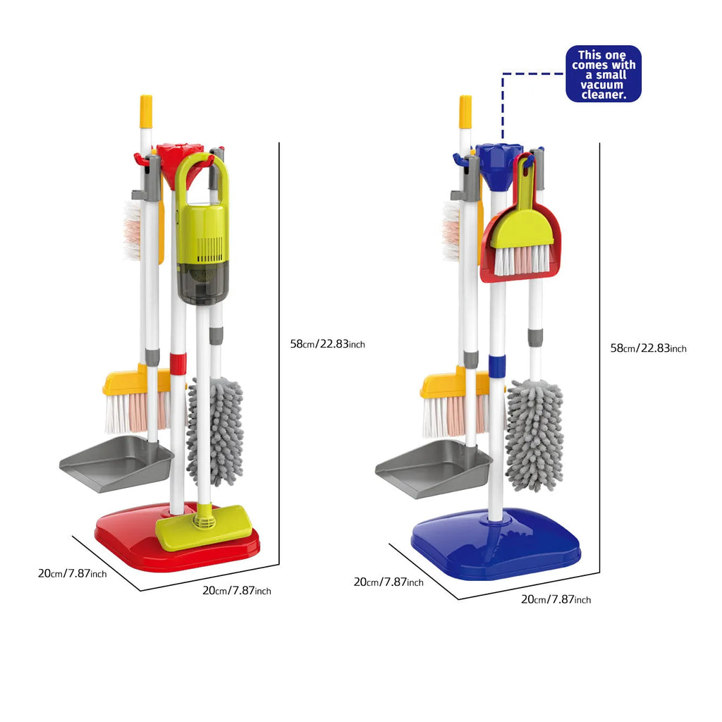 Children's play house cleaning toy set with ABS cleaning tools, stroller suit, and vacuum cleaner options in an English colour box