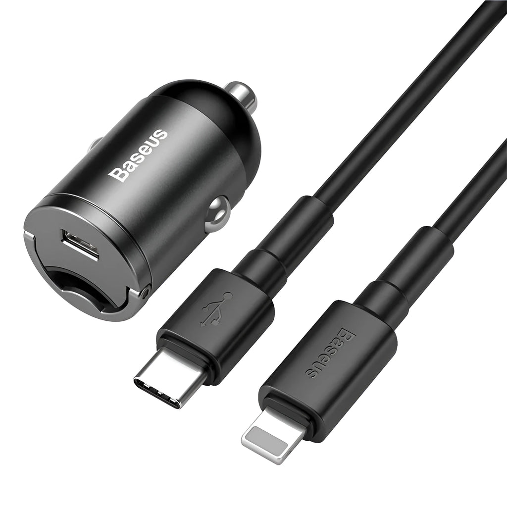Electro‑optical grey Baseus 30W PPS fast car charger with 1‑metre USB cable.