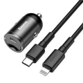 Electro‑optical grey Baseus 30W PPS fast car charger with 1‑metre USB cable.