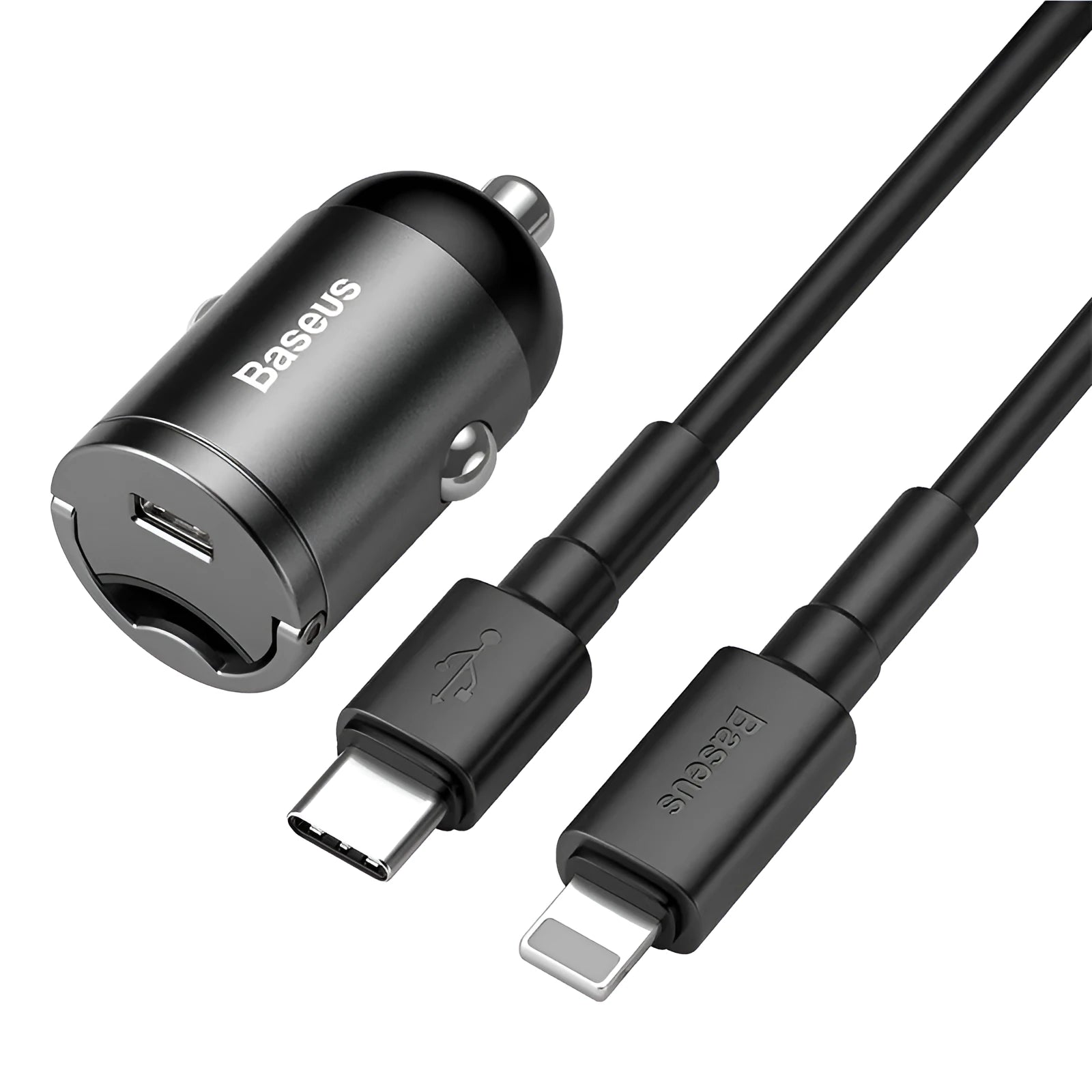 Electro‑optical grey Baseus 30W PPS fast car charger with 1‑metre USB cable.