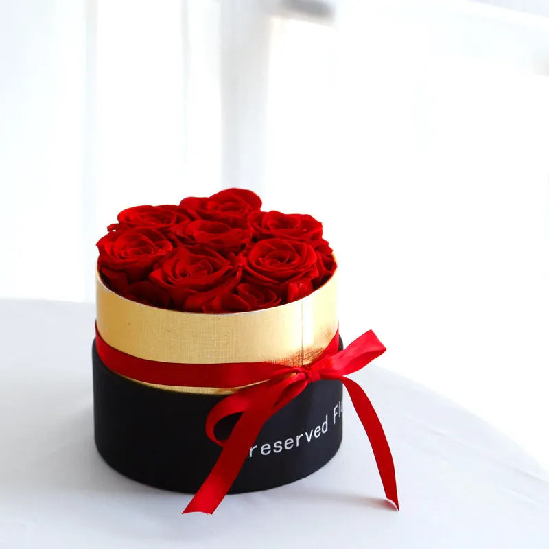 Boxed set of preserved real red roses in a gift box for Valentines Day.