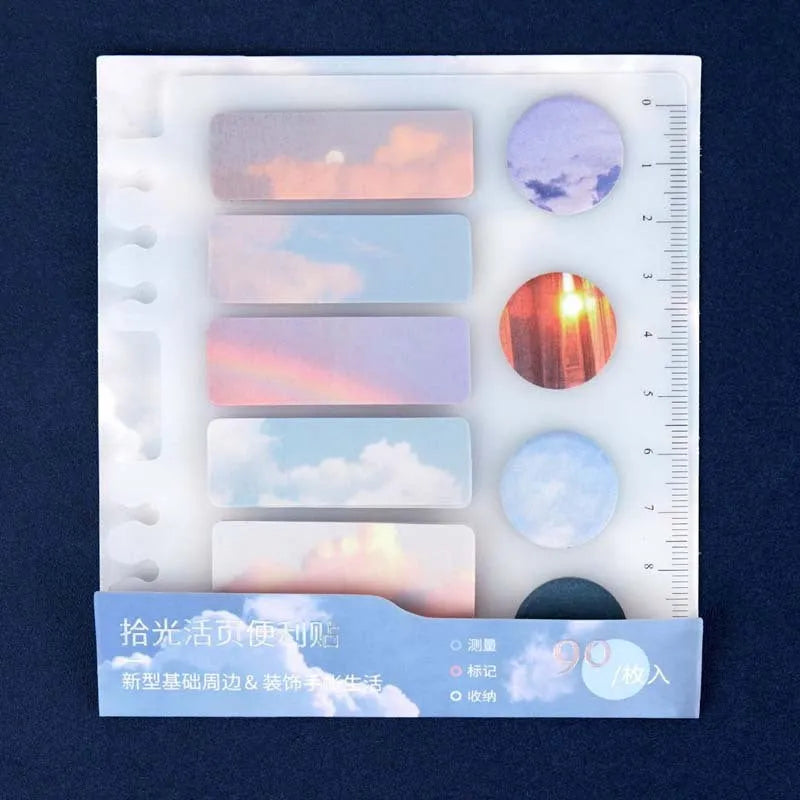 PP bottom plate sticky note index sticker set showing nine different sizes from small flags to large ruler notes
