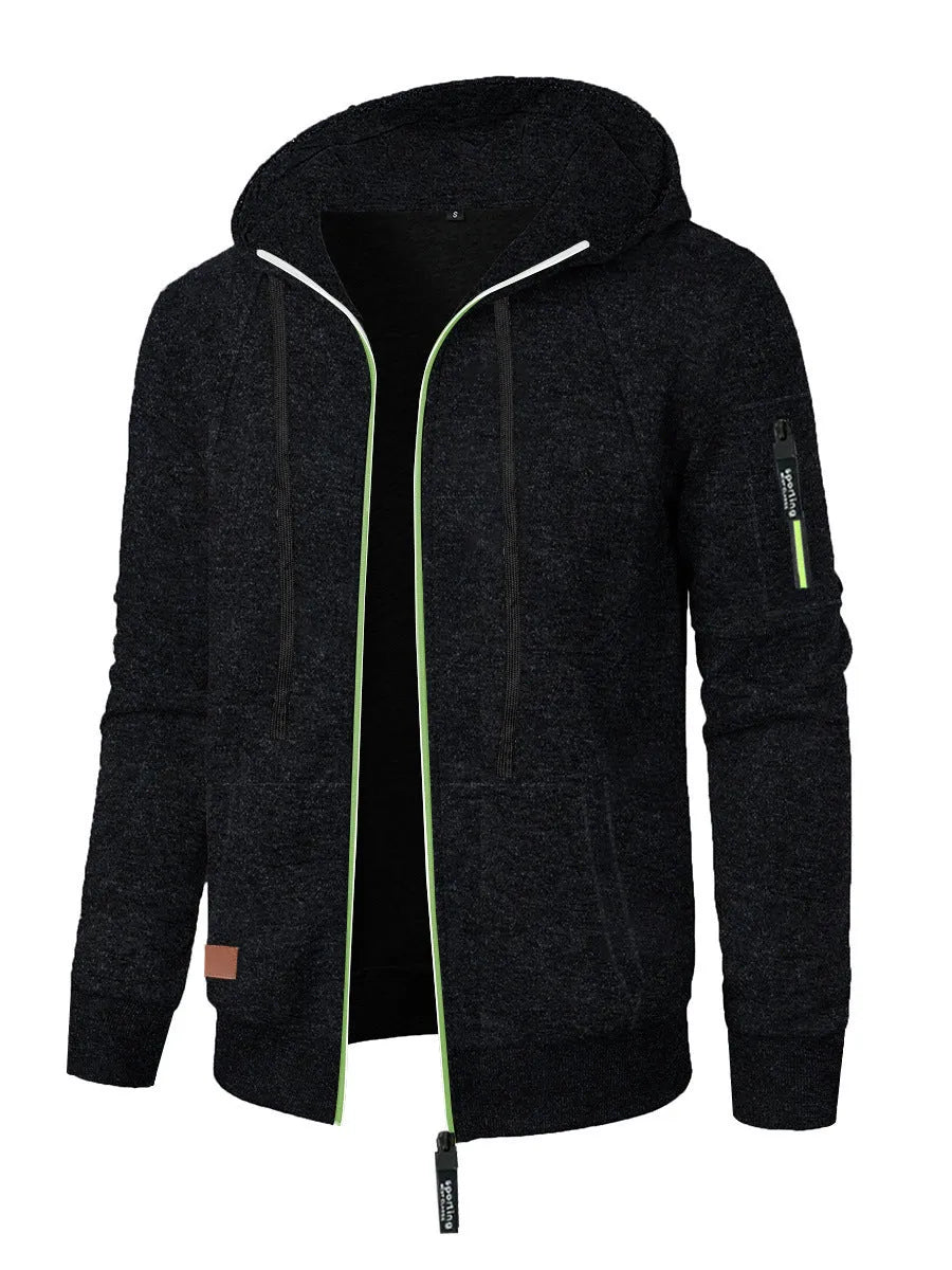 Men's loose fit jacquard hooded coat in black, polyester fibre, Korean style cardigan with long sleeves and hood