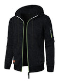 Men's loose fit jacquard hooded coat in black, polyester fibre, Korean style cardigan with long sleeves and hood