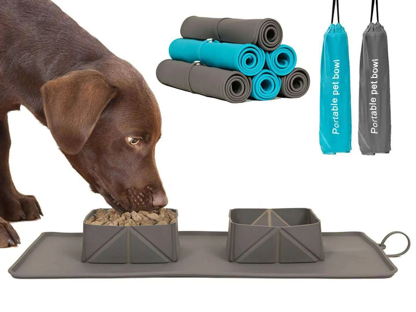Silicone folding pet bowl in black with non-slip base, measuring 390x235x50mm, for travel and outdoor feeding.
