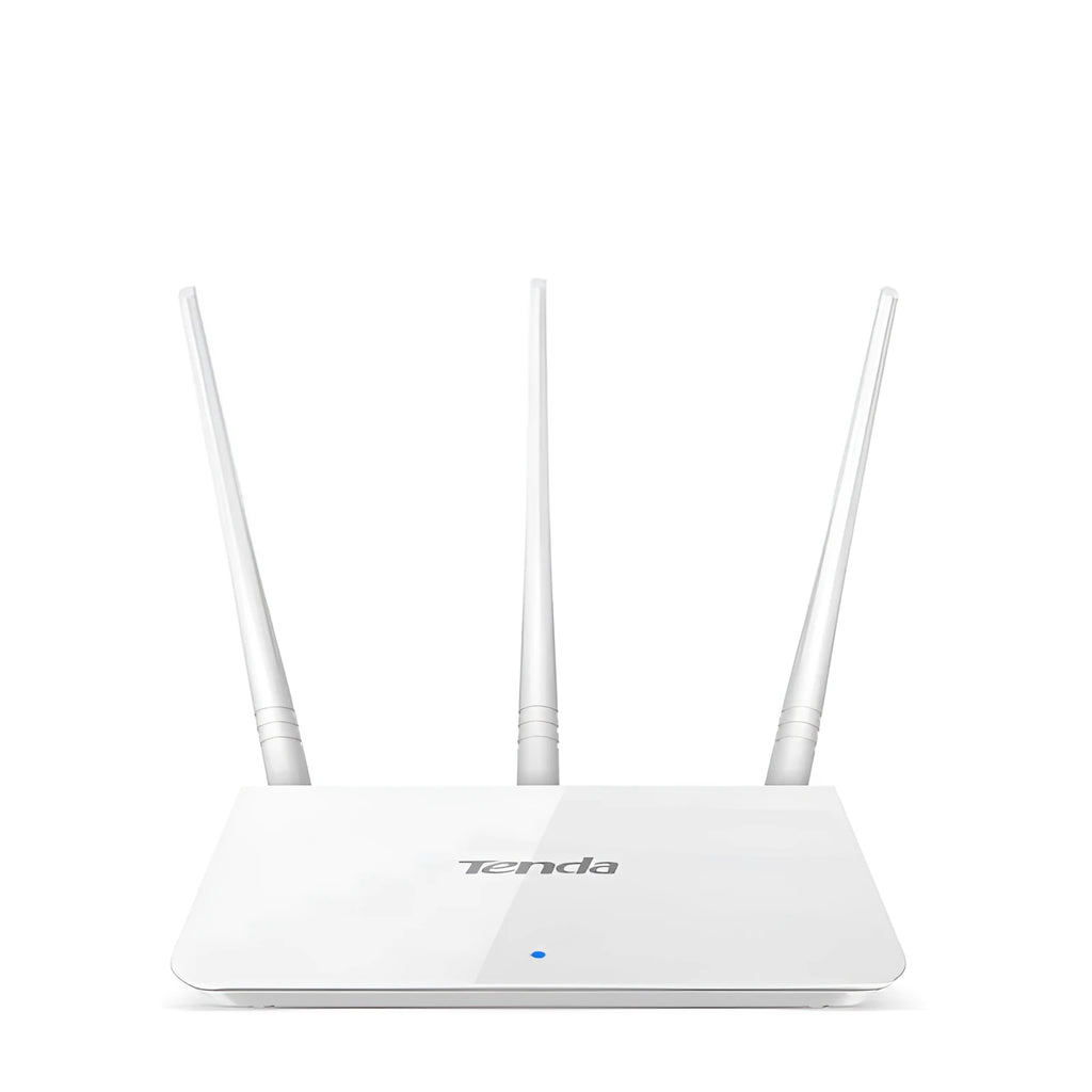 White dual-band wireless router on a desk.