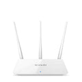 White dual-band wireless router on a desk.
