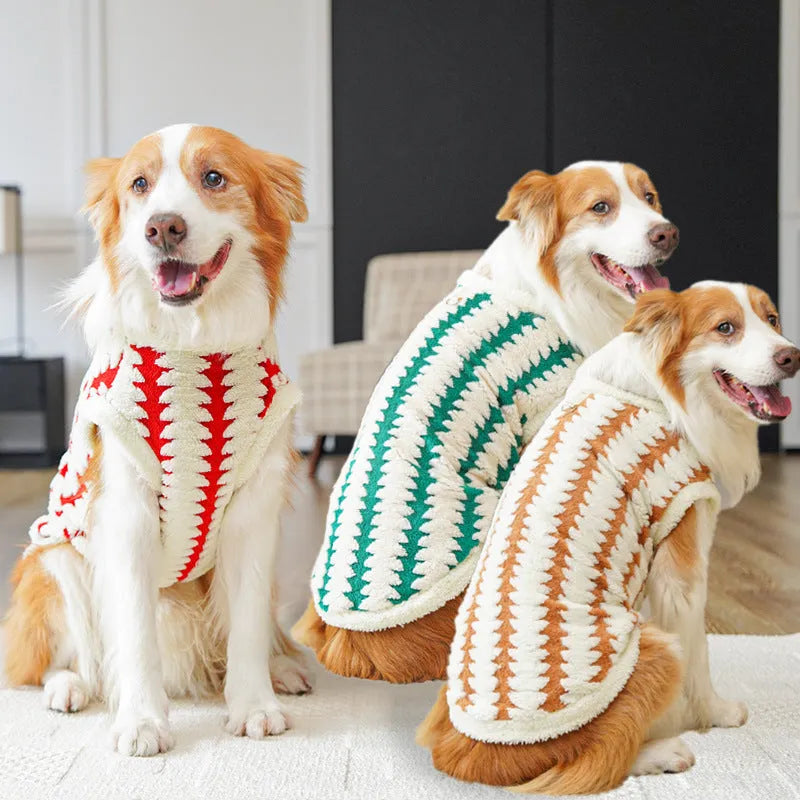 Golden retriever wearing caramel polyester fleece pet clothing with chest sizing from XS to 8XL