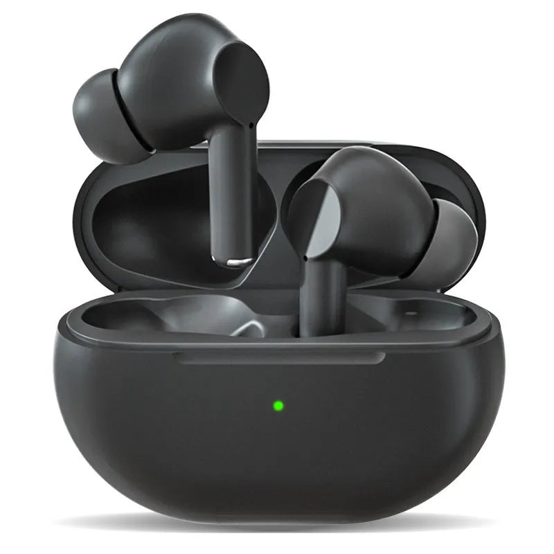 Pro4 black and white Bluetooth earbuds inside their rectangular charging case.