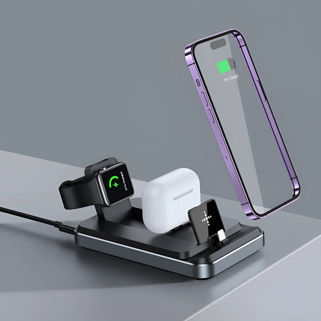 Flat folding three-in-one wireless charger 15W fast charging station for phone, watch, and earbuds in black