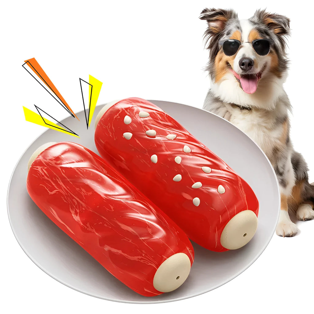 Primary coloured plastic Molar Rod dog chew toy with textured surface and hollow treat-dispensing centre.