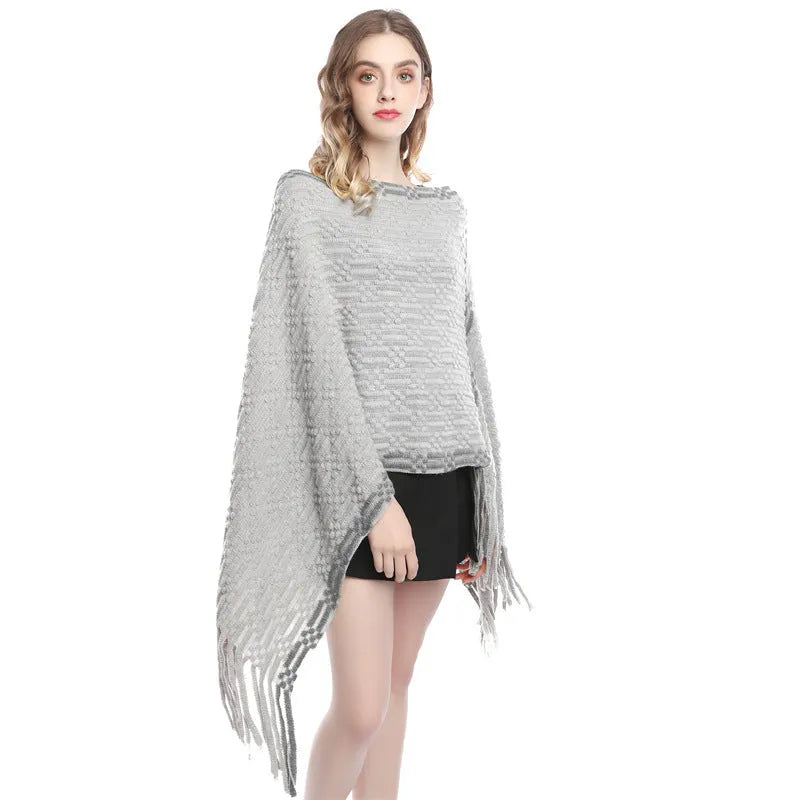 Women's loose fit fringed dotted pullover sweater in acrylic knit, shown in gray colour option
