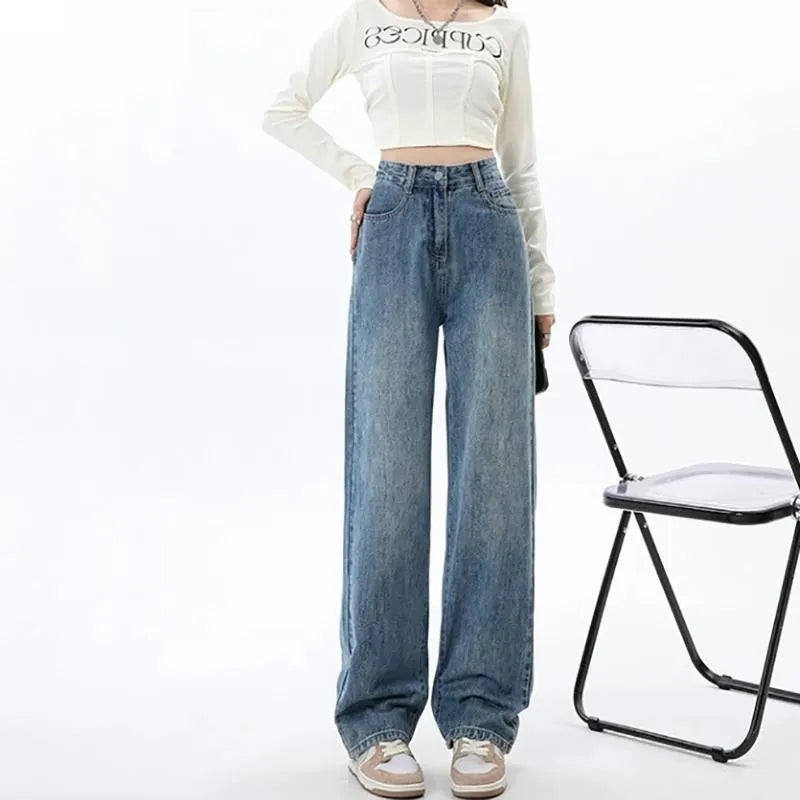 Retro blue high waist wide leg jeans for women on a hanger