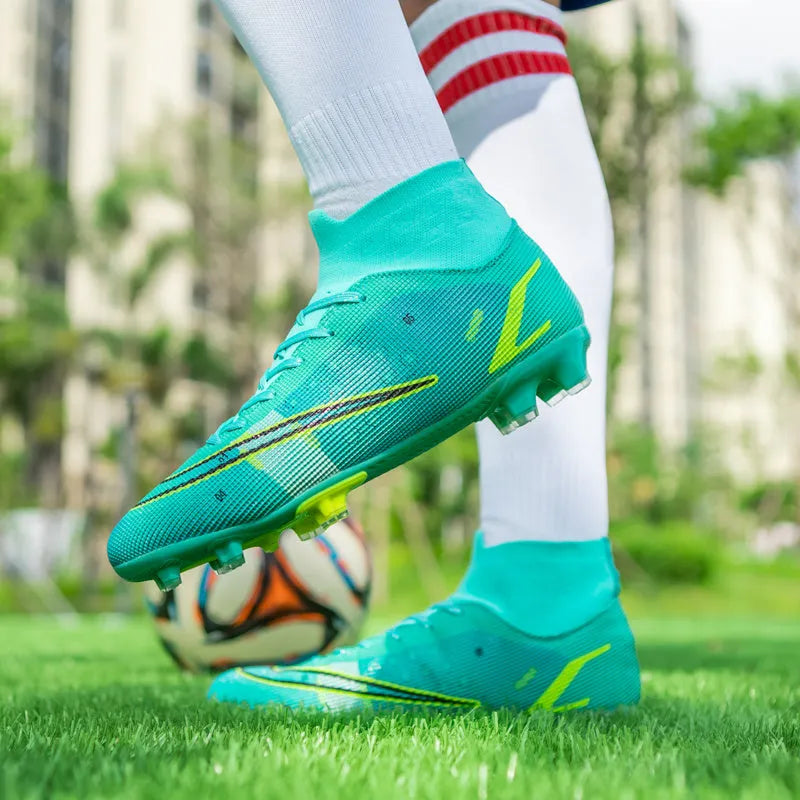 High top AG football boots for artificial turf with non-slip rubber outsole and elastic fit.