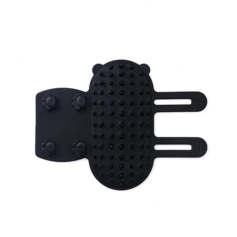 Silicone cat grooming comb with rounded teeth and adjustable strap for table mounting