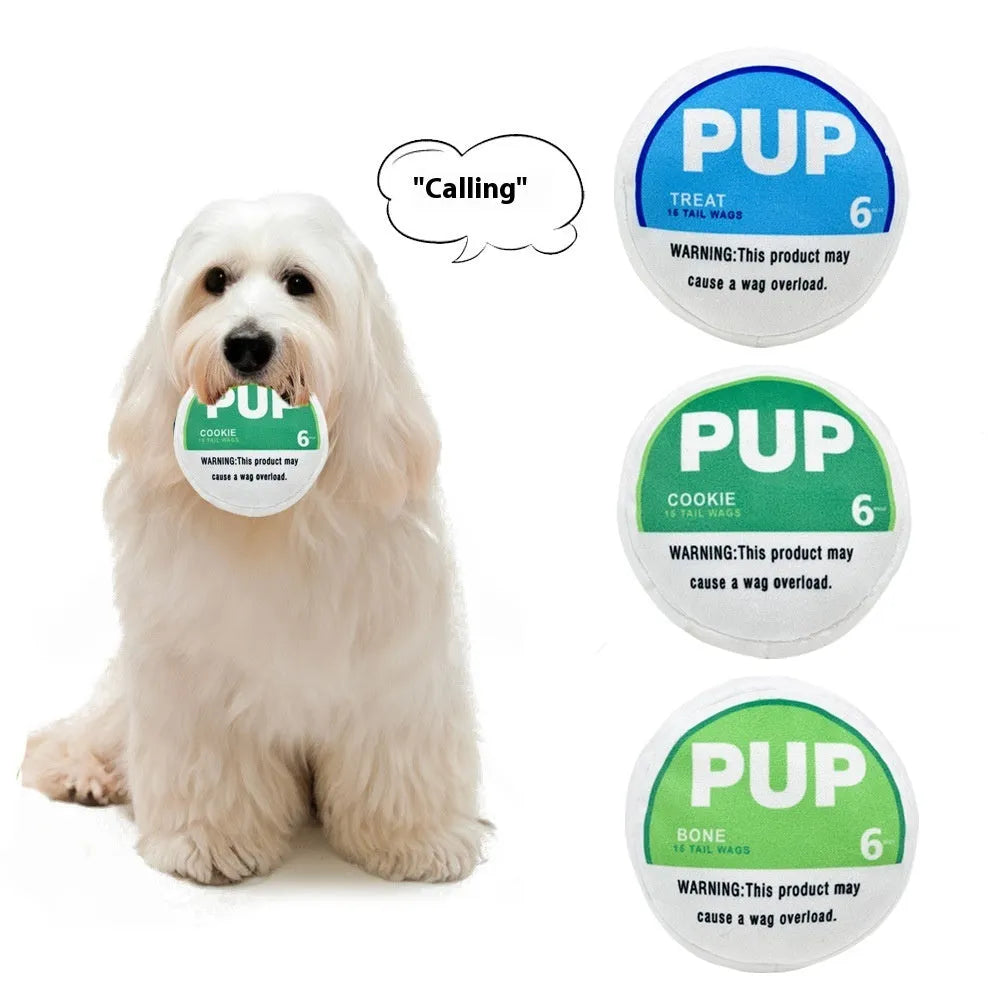 Plush dog toy for gnawing and creaking relief, shown in blue, light green or dark green options
