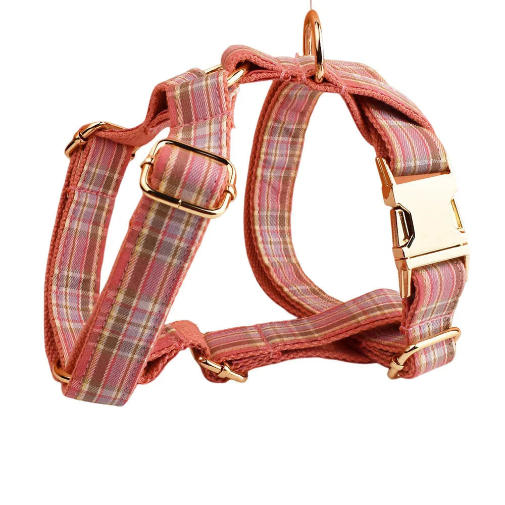 Plaid dog collar and leash set with bow and vest accessories in adjustable sizes