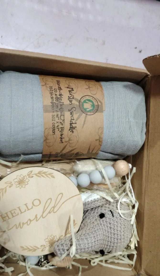 Baby teething toy set with bamboo blanket, wooden teether, bell, tyre brush and milestone for infant development