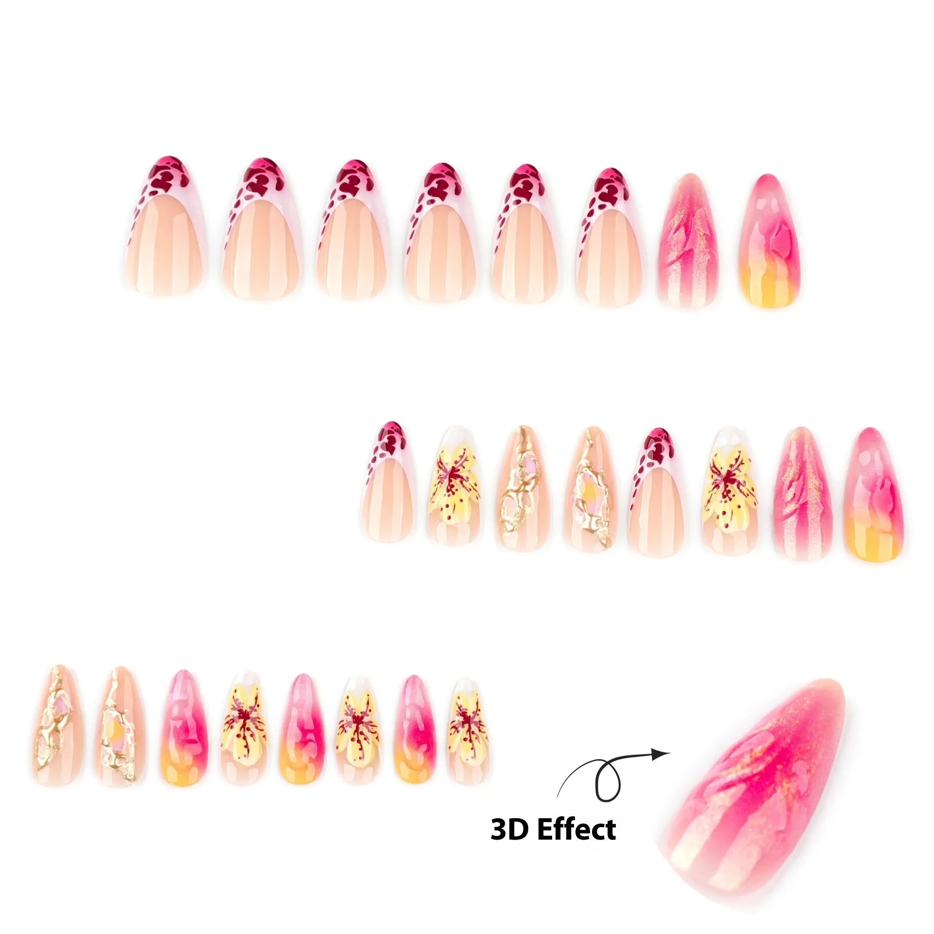 Set of 24 French gradient leopard print 3D flower nail stickers with glue in colour JP3852