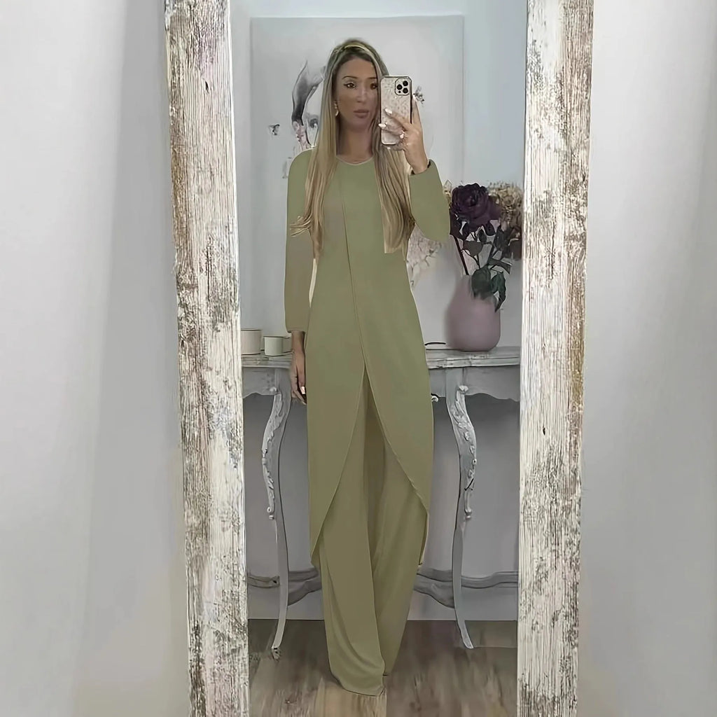 Women's casual long sleeve round neck top and loose trousers lounge set in khaki