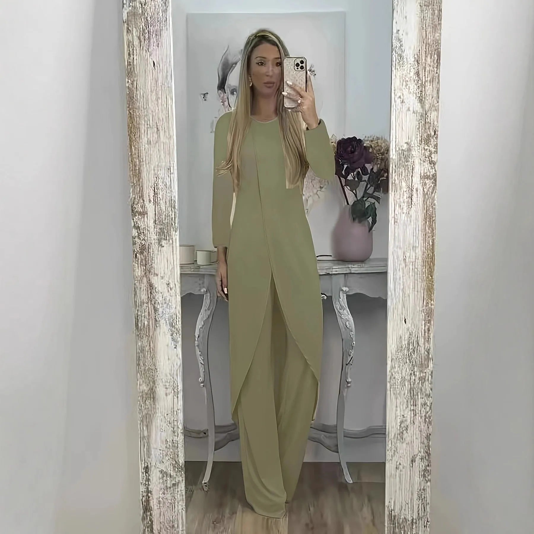 Women's casual long sleeve round neck top and loose trousers lounge set in khaki