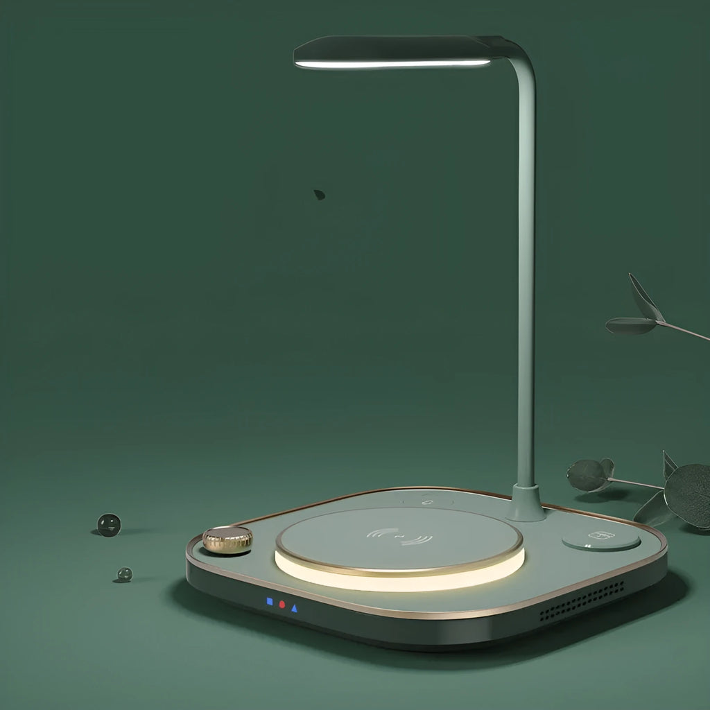 Black, green, or white 15W wireless magnetic charger with optional desk lamp and USB-C cable.