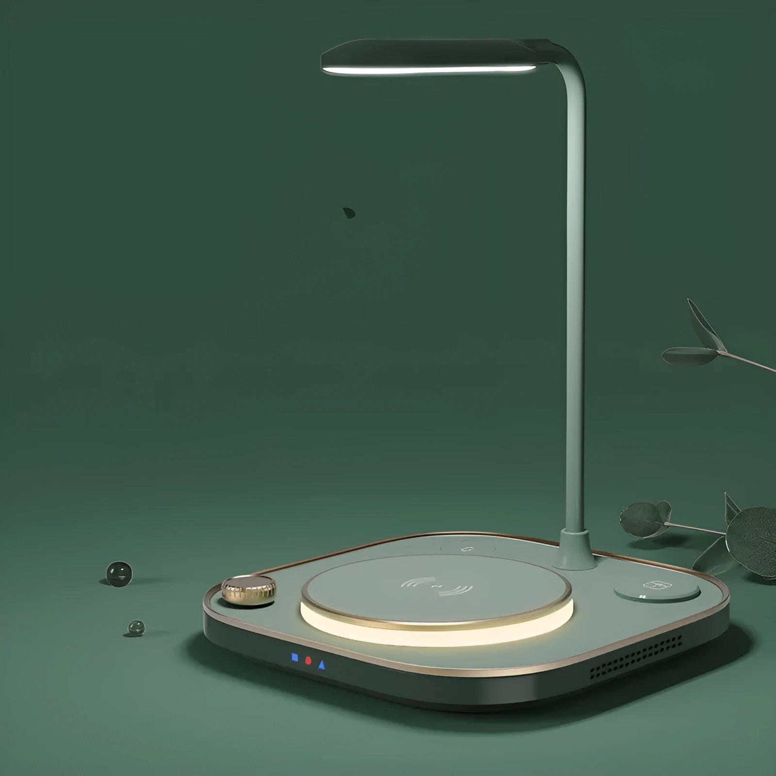 Black, green, or white 15W wireless magnetic charger with optional desk lamp and USB-C cable.