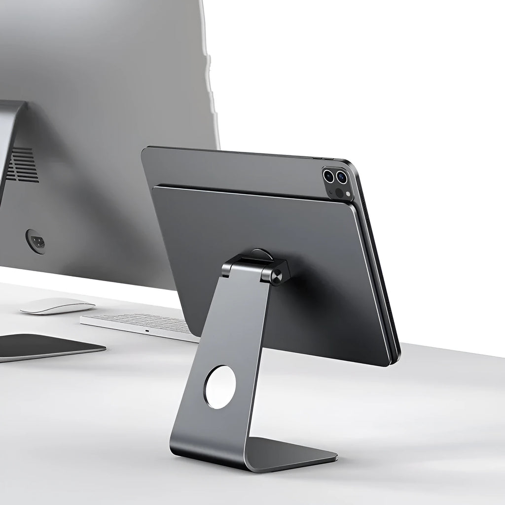 Space gray magnetic rotating desktop tablet bracket for iPad Pro 11-inch and 12.9-inch on a desk