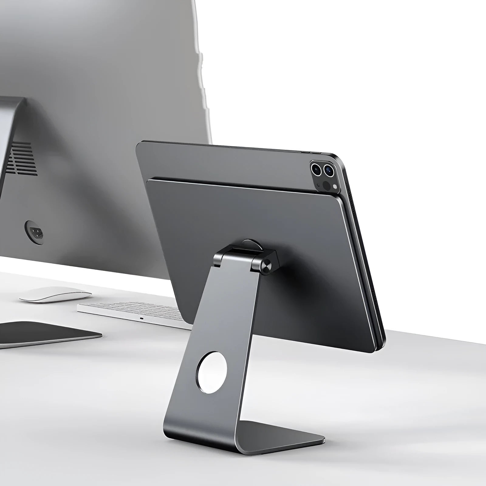 Space gray magnetic rotating desktop tablet bracket for iPad Pro 11-inch and 12.9-inch on a desk