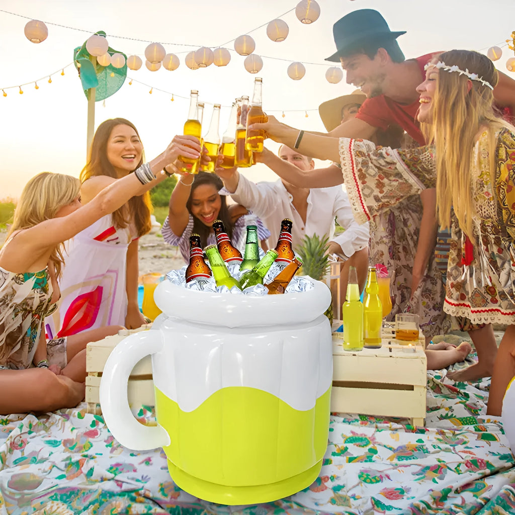 Yellow PVC inflatable ice bucket for cooling beer steins at outdoor events