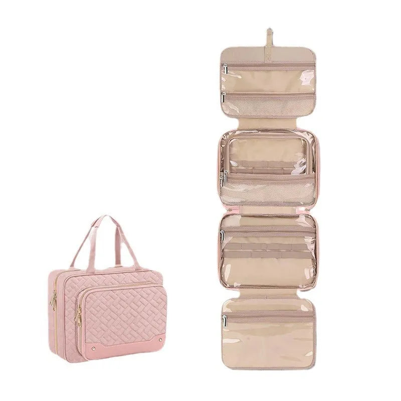 Waterproof polyester hanging cosmetic bag in pink or black measuring 30.5x11x22.9cm