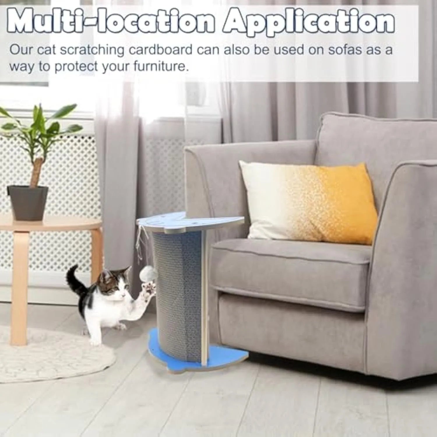 Triangular cardboard cat scratching pad positioned in room corner with hanging ball