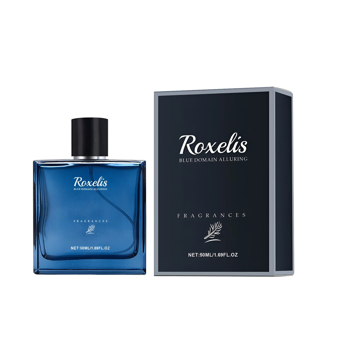 Blue Domain Alluring Fragrances 50ml perfume bottle, 2.7cm x 6.5cm x 9.7cm, with rosemary, sandalwood, patchouli and ylang ylang