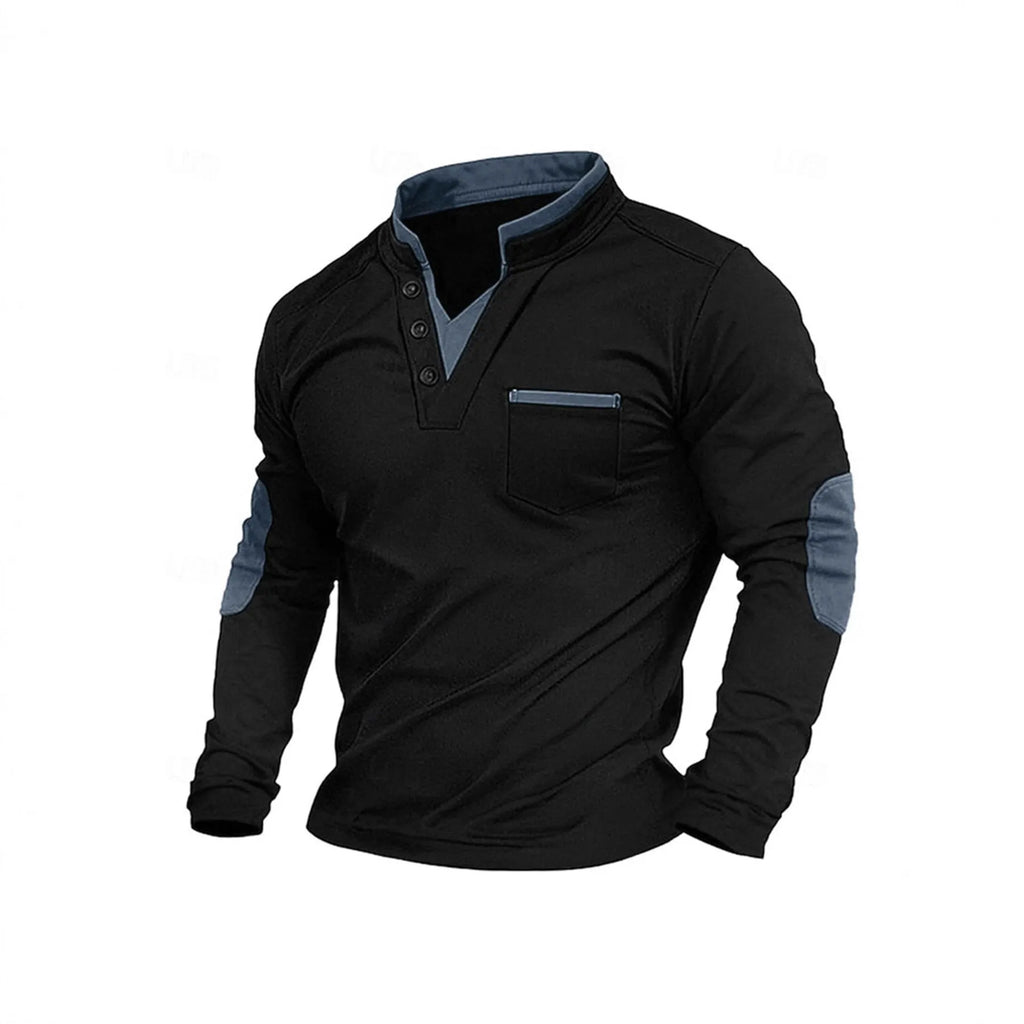 Men's stand collar long-sleeved stitching pullover sweater in solid colour chemical fibre blend