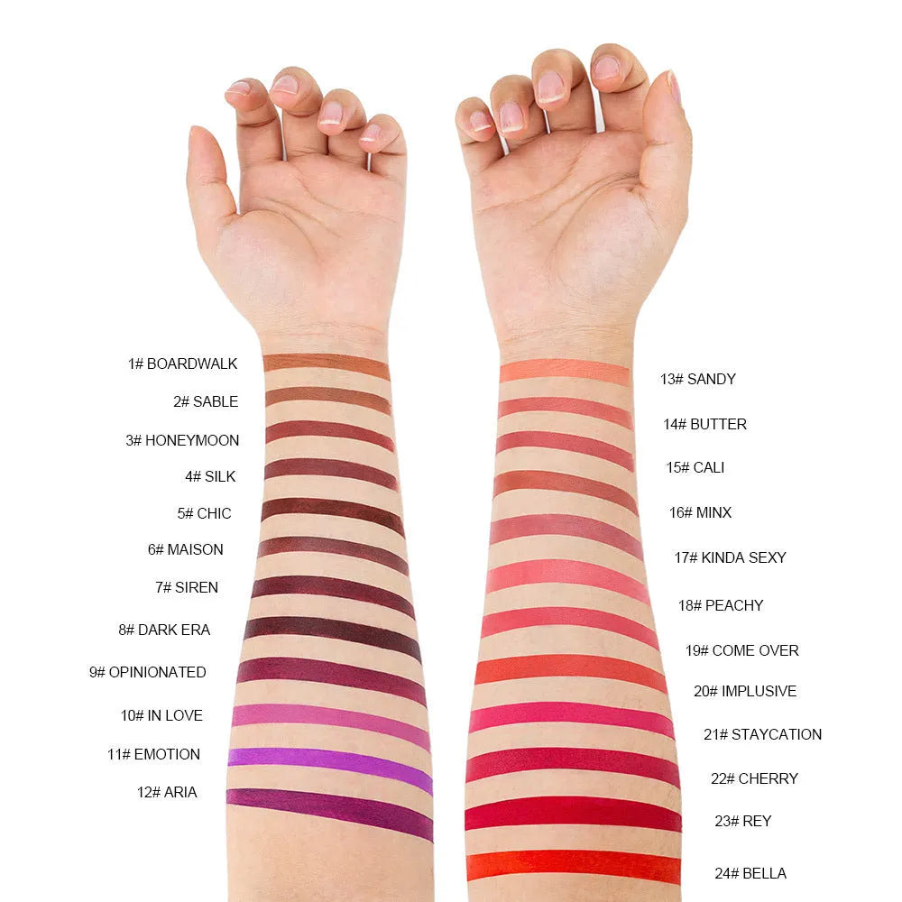 Matte finish lipstick in tube with nonstick cup applicator, one of 24 waterproof shade options.