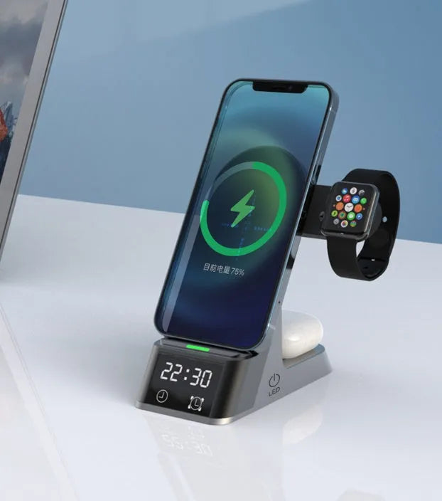 Black multifunctional alarm clock with wireless charging pad, Apple Watch dock, USB port, and LED display.