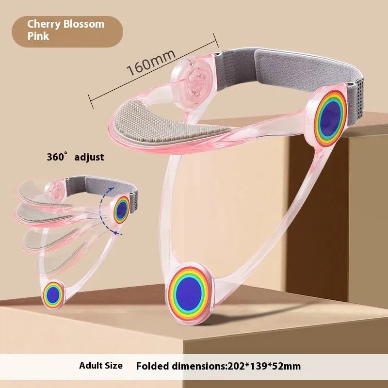 Adjustable neck brace for adults and children in blue, pink, and transparent colours.